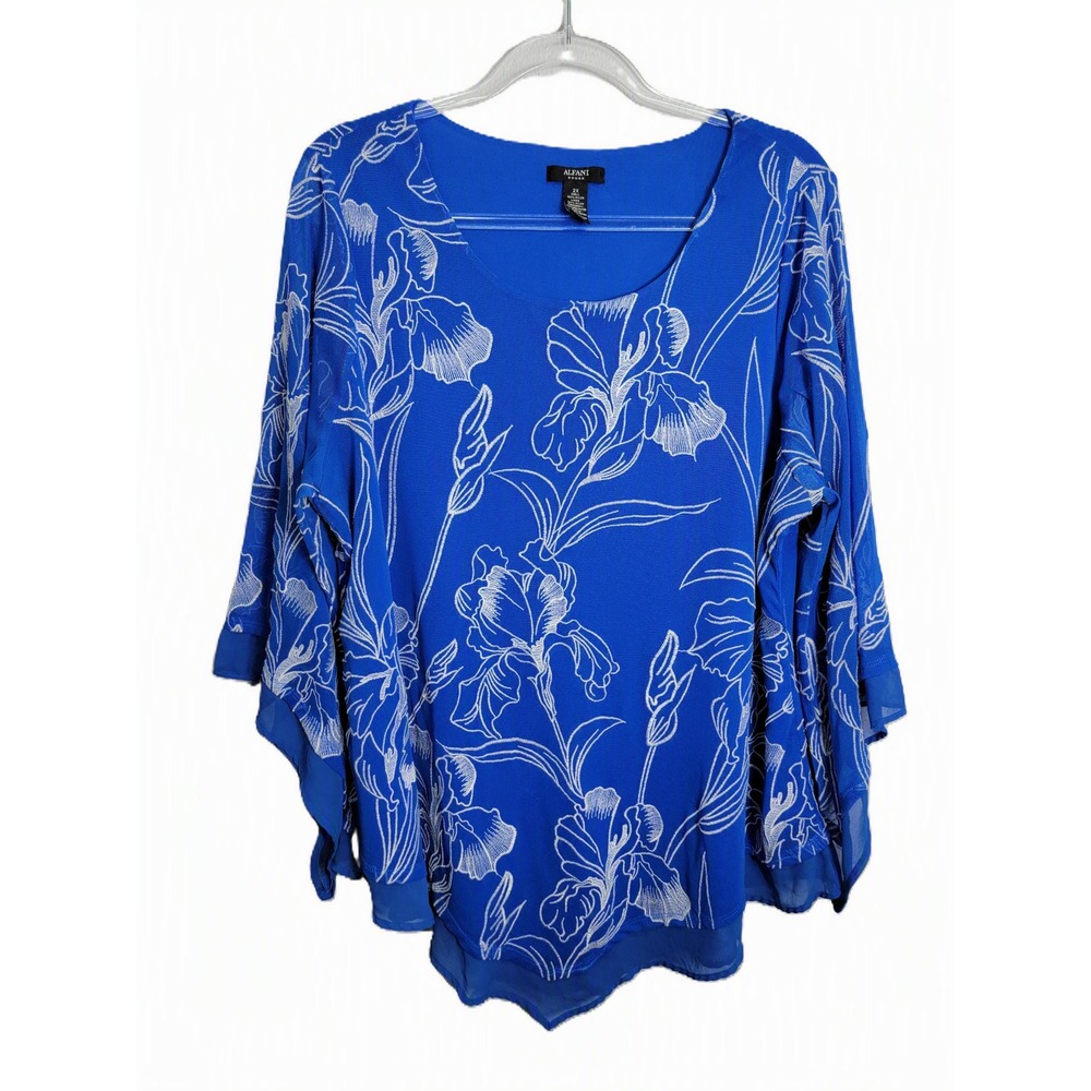 Alfani Women 2X Blouse Royal Blue Floral Embroidered Layered Chiffon Top